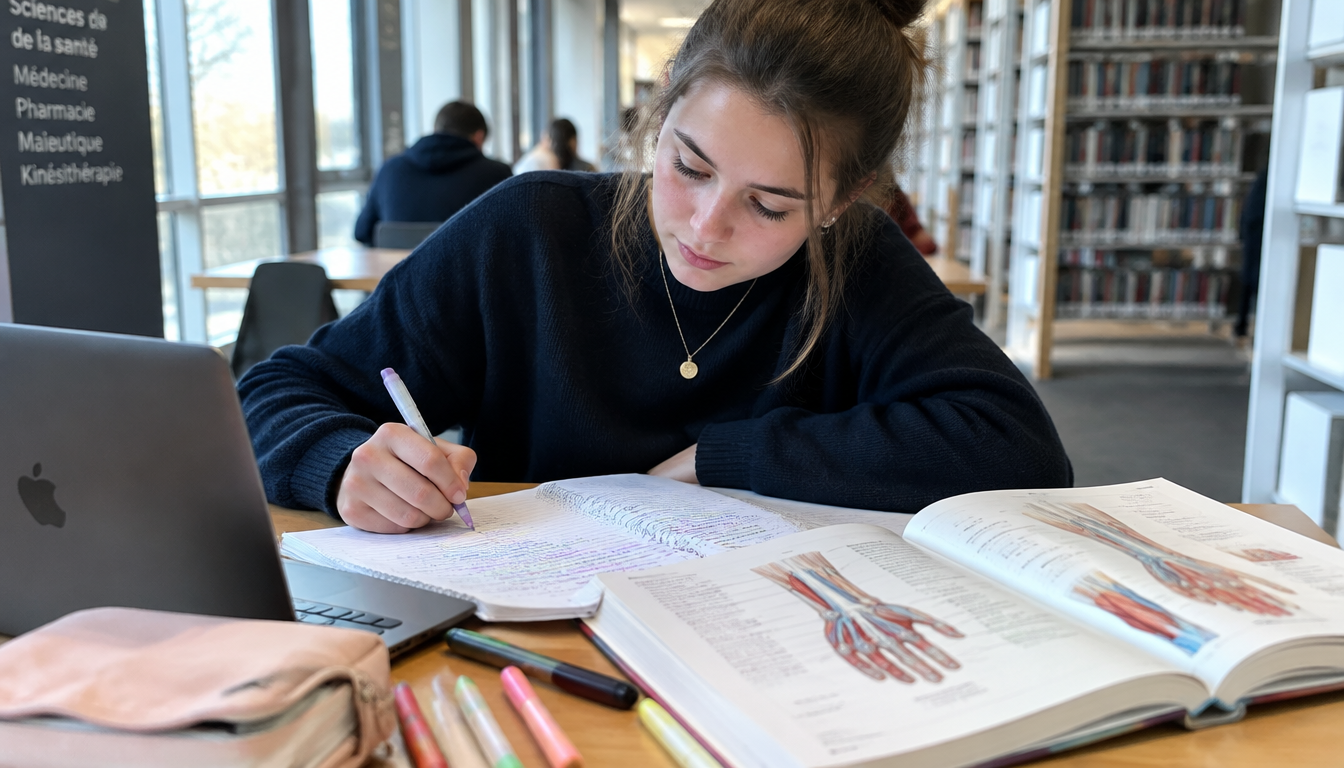 Une étudiante en santé revise ses cours : livres d'anatomie, biochimie et ordinateur
